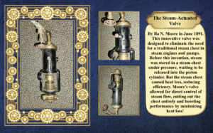 Brass steam valve with yellow frame gears on blue background and a beige text panel describing the valve's history and function. 