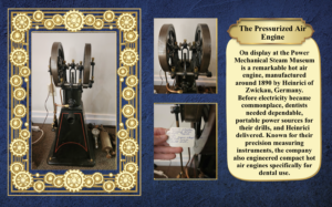 Historic pressurized air engine on display with a blue textured backdrop and ornate gold frame; includes two close-up photos and a text plaque on the right.