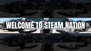 Hero banner of industrial equipment with bold white text reading 'WELCOME TO STEAM NATION' across the middle.