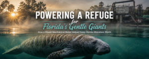 Manatee swimming underwater in the foreground with a power plant and sunrise in the background, overlaid with the title about Florida's gentle giants.