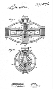 Cross-sectional and top views of a vintage lubricator patent, showing internal pump and gears labeled Fig.1 and Fig.2 with surrounding casing.