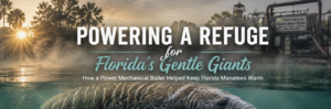 Banner promoting a manatee refuge: a large manatee gliding in turquoise water with a sunrise and a power plant in the background and overlaid title text.