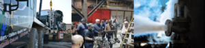 Collage showing an industrial maintenance scene: a service truck with on-site equipment, workers inspecting machinery, and a steam valve releasing vapor.