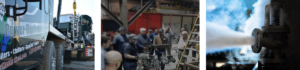 Three-panel image: left shows a blue service truck with 'Power Mechanical' branding in a workshop; middle shows technicians around industrial piping and valves; right shows steam or gas issuing from a large valve.