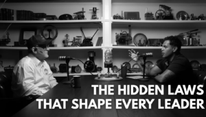 Two men podcasting in a vintage workshop; shelves filled with old scientific instruments, bold leadership title overlay: 'The Hidden Laws That Shape Every Leader'.