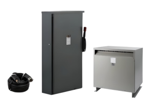 Tall gray upright electrical cabinet with a red-handled lever, accompanied by a separate light-gray equipment cabinet; a coiled black cable sits nearby on a black background.