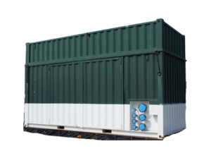 Side view of a large green metal shipping container on a flatbed trailer, with blue valve fittings visible along the lower side.
