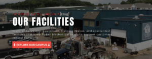 Exterior view of an industrial facility yard with trucks in front of a blue workshop building; overlaid text reads 'Our Facilities'.