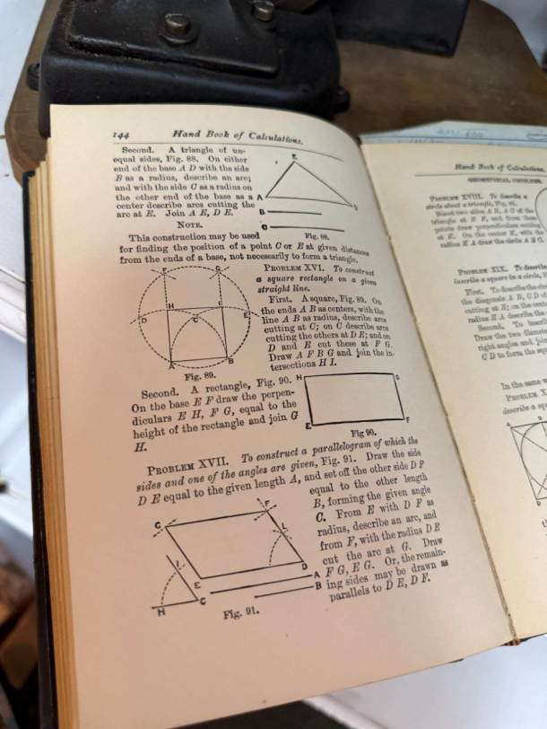 Open page of a vintage geometry book titled 'Hand Book of Calculations' with diagrams of triangles, circles, and a rectangle (figures 89–91) on page 144.