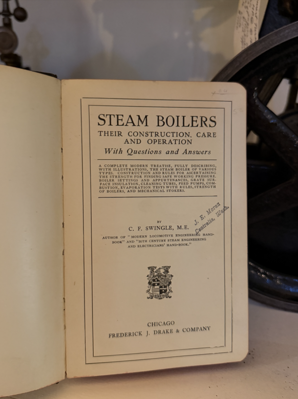 Title page reading 'STEAM BOILERS: Their Construction, Care and Operation' with 'With Questions and Answers' subtitle, author C. F. Swingle, M.E., published by Frederick J. Drake & Co. (Chicago).