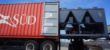 Late model used air cooled chiller provides supplemental cooling to manufacturing plant.