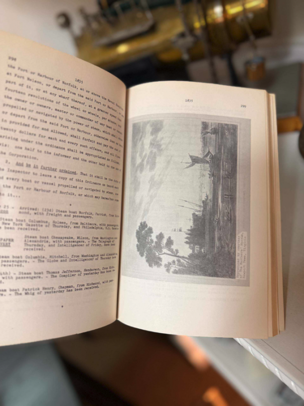 Open book showing a grayscale engraving of a sailing ship at sea with trees in the foreground and page numbers 1835/299.